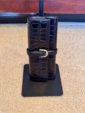 Brighton Black Croc-Embossed Roll Wallet with Decorative Buckle